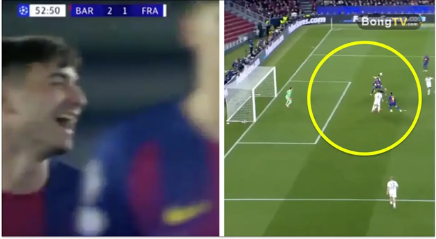 Phản ứng của Pedri với bàn thắng thứ hai của Kounde.